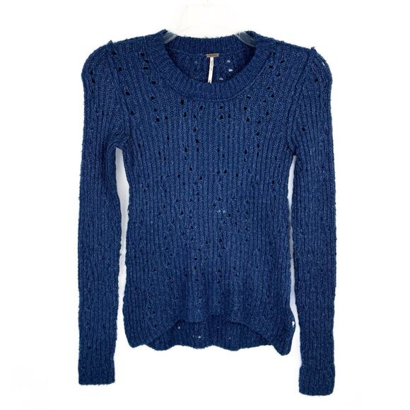 Free People Blue Wool Blend Distressed High Low Knit Sweater Women's XS - Picture 1 of 9